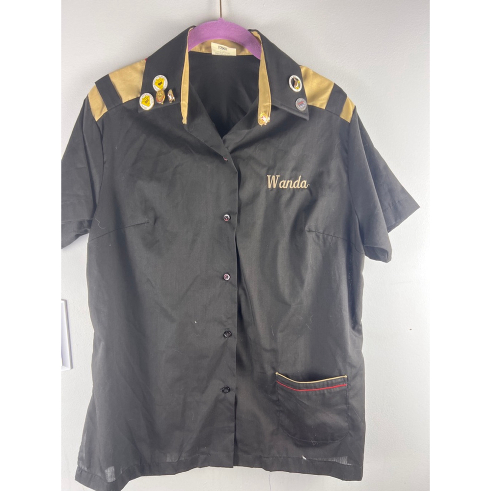 Vintage King Louie Bowling Shirt Women’s Small Black Gold “Wanda” USA Retro